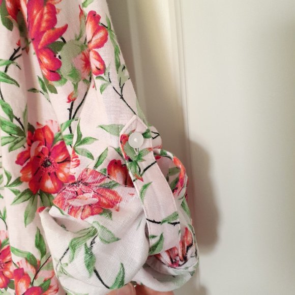 Charter Club Linen Long Sleeve Floral Print Roll Tab Button Up Shirt Pink Size M - Picture 9 of 12
